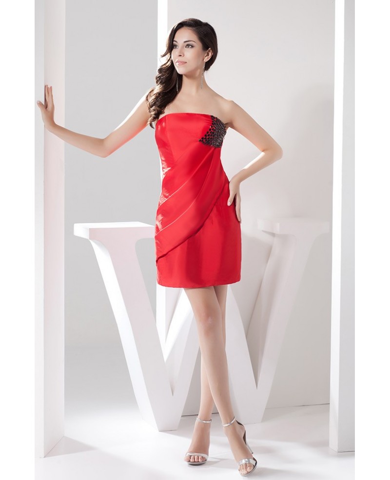 Red Sheath Strapless Short Satin Cocktail Dress With Beading - Click Image to Close