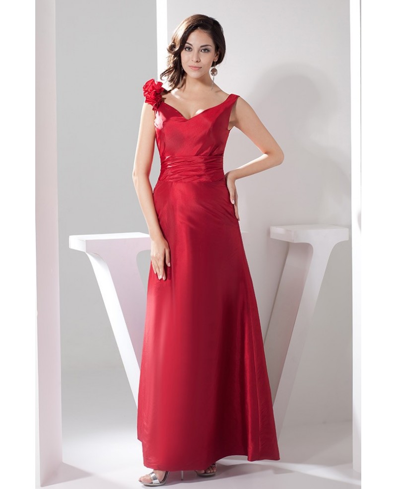 Deep Red V Neck Floor-length Satin Evening Dress - Click Image to Close