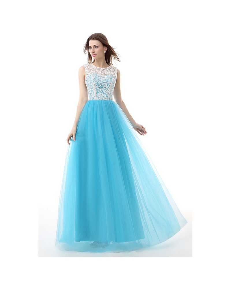 A-Line Scoop Neck Floor-Length Tulle Prom Dress With Appliques Lace - Click Image to Close