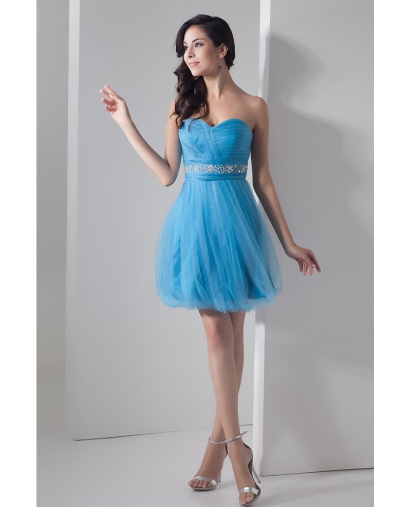 Cute Blue A-line Sweetheart Short Tulle Prom Dress With Beading