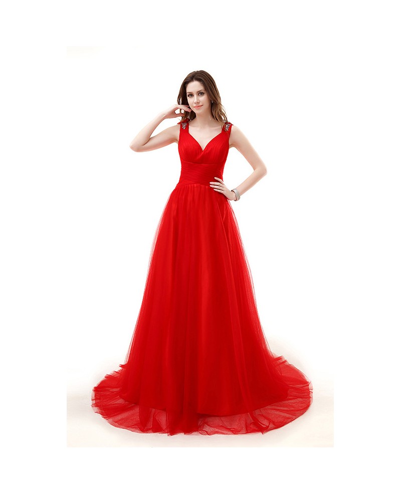 A-Line V-neck Chapel Train Tulle Prom Dress With Ruffle Beading