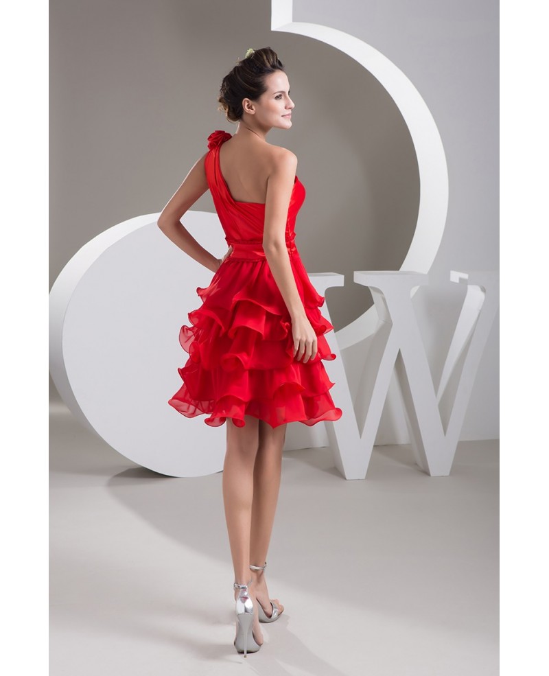 Hot Red A-line One-shoulder Short Chiffon Wedding Dress With Ruffle