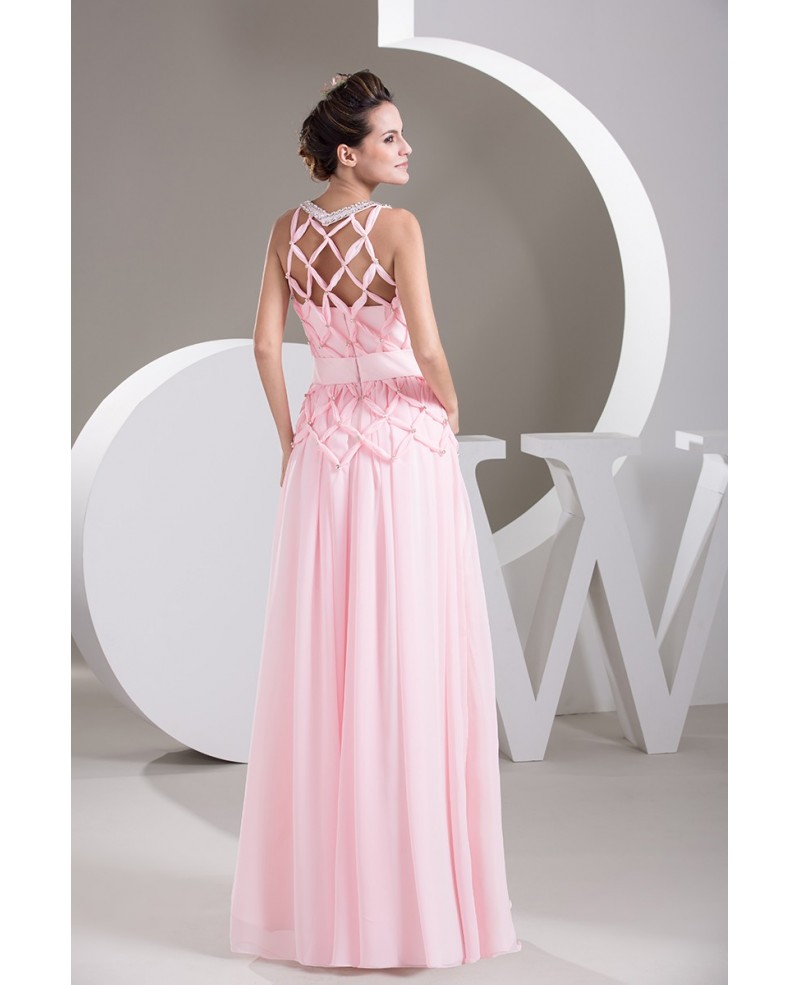 Blush Pink A-line High Neck Floor-length Chiffon Prom Dress With Beading