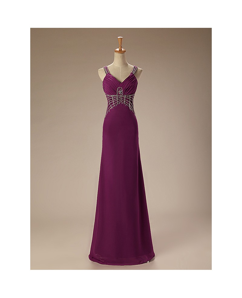 A-Line V-neck Floor-Length Chiffon Prom Dress With Beading