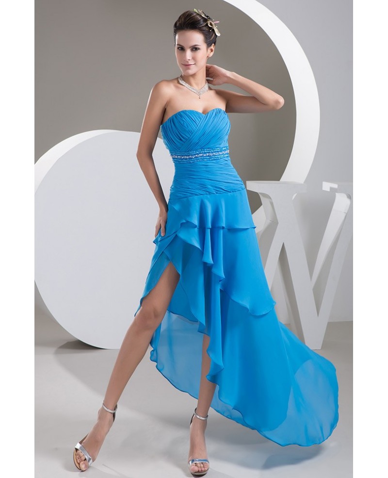 Blue Sweetheart Asymmetrical Chiffon Prom Dress With Beading - Click Image to Close