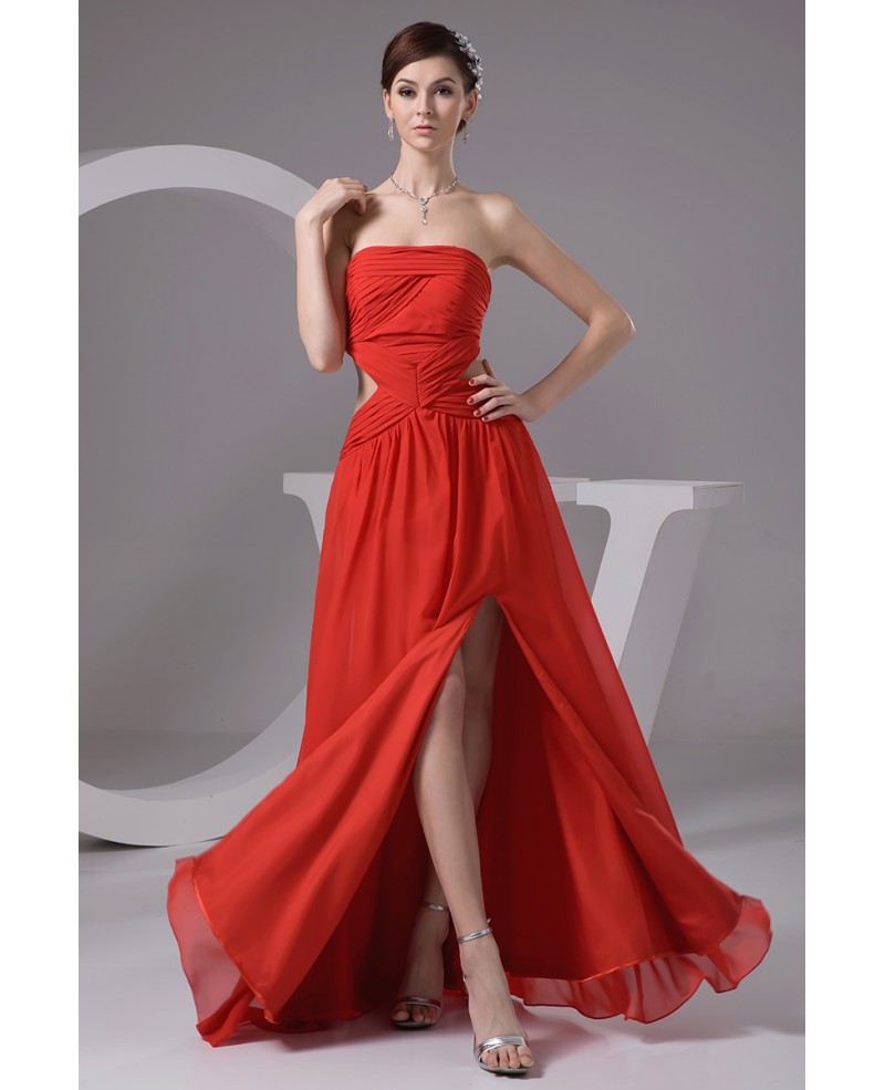 A-line Strapless Floor-length Chiffon Evening Dress With Split
