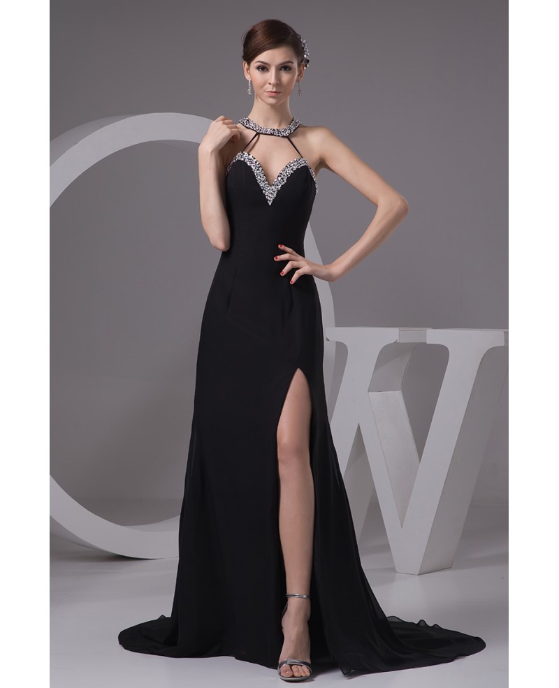 A-line Halter Sweep Train Chiffon Evening Dress With Split - Click Image to Close