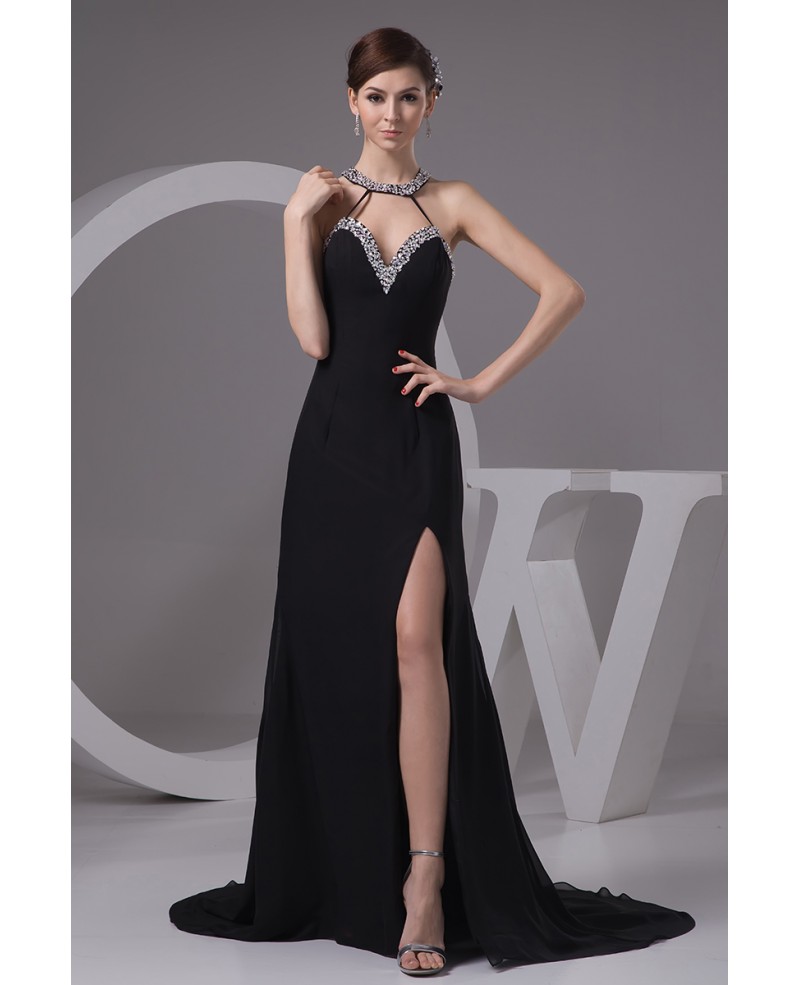 A-line Halter Sweep Train Chiffon Evening Dress With Split