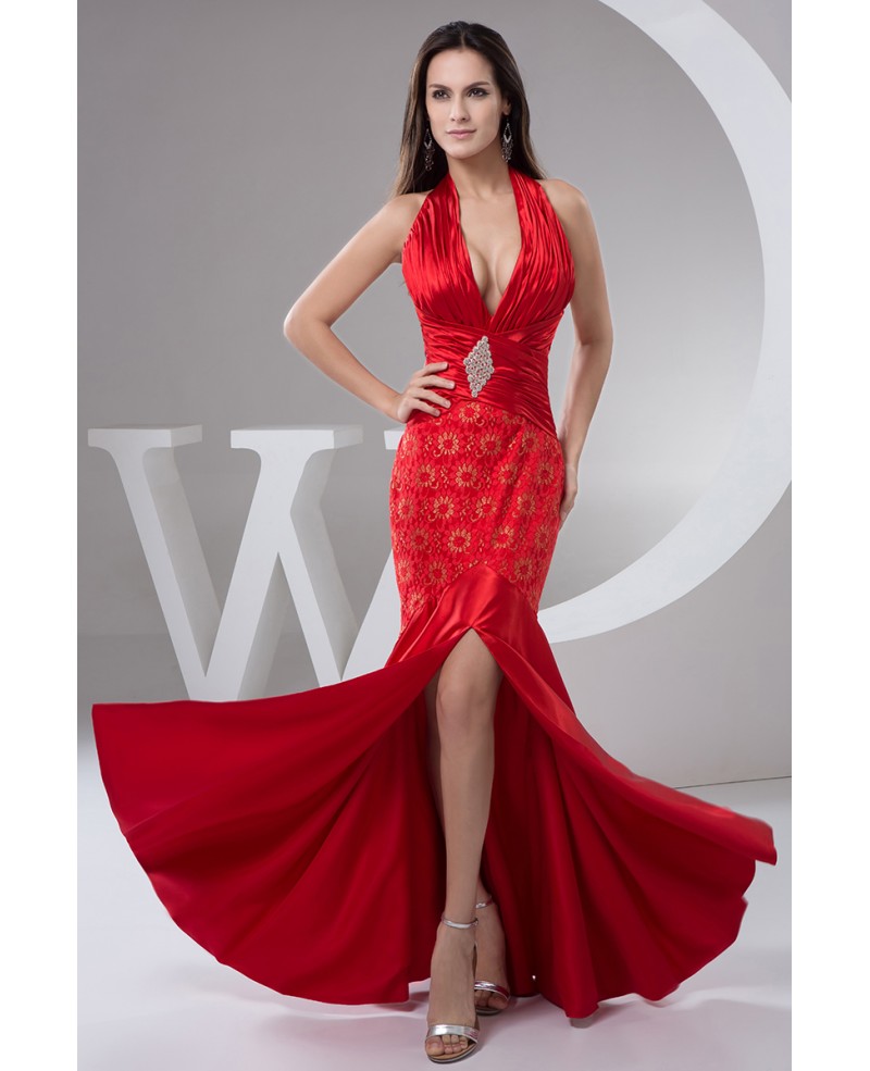 Mermaid Halter Floor-length Satin Evening Dress With Lace