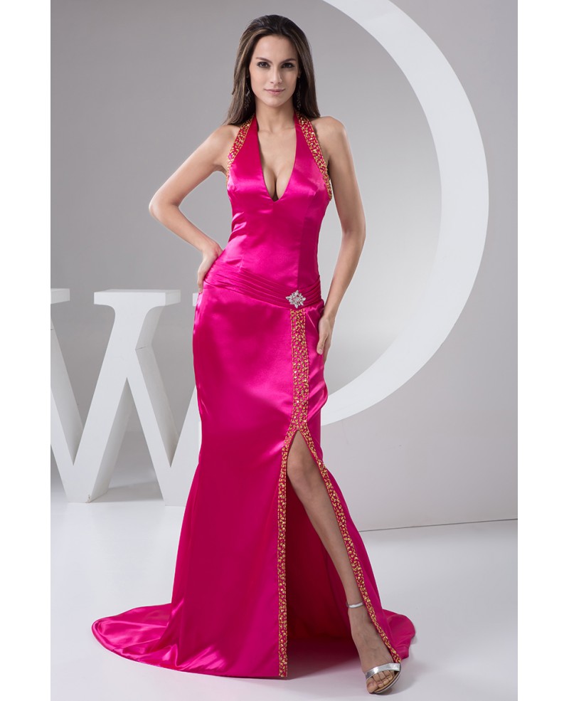 Mermaid Halter Sweep Train Satin Evening Dress With Beading