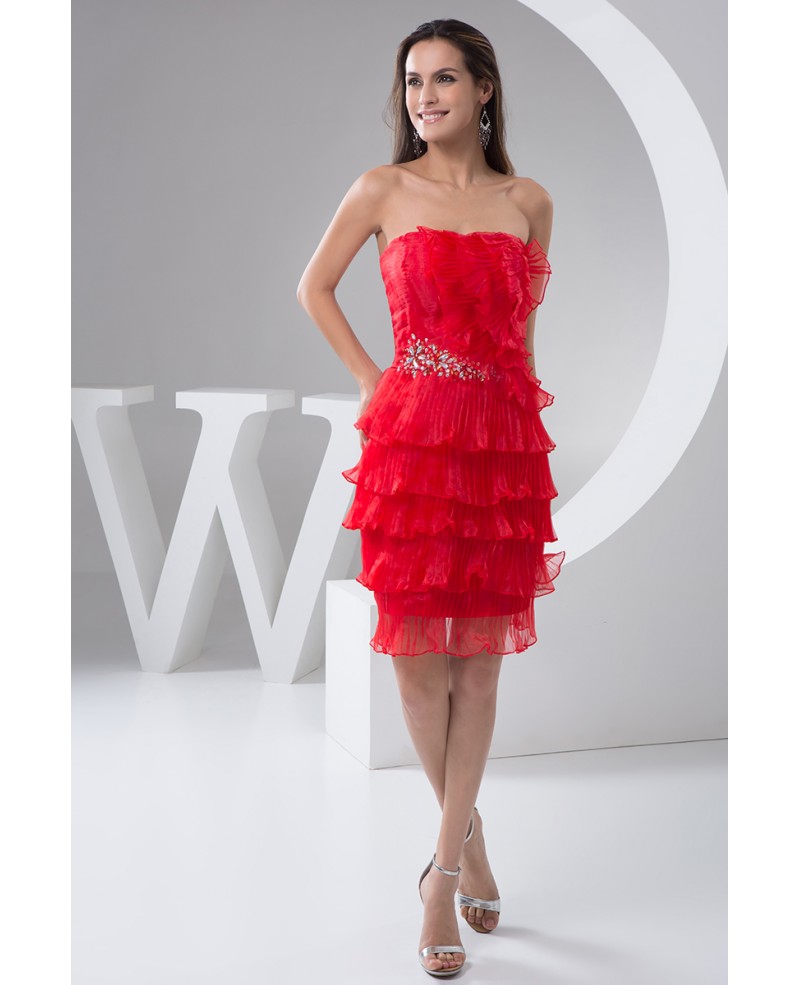 Sheath Strapless Knee-length Tulle Prom Dress With Beading