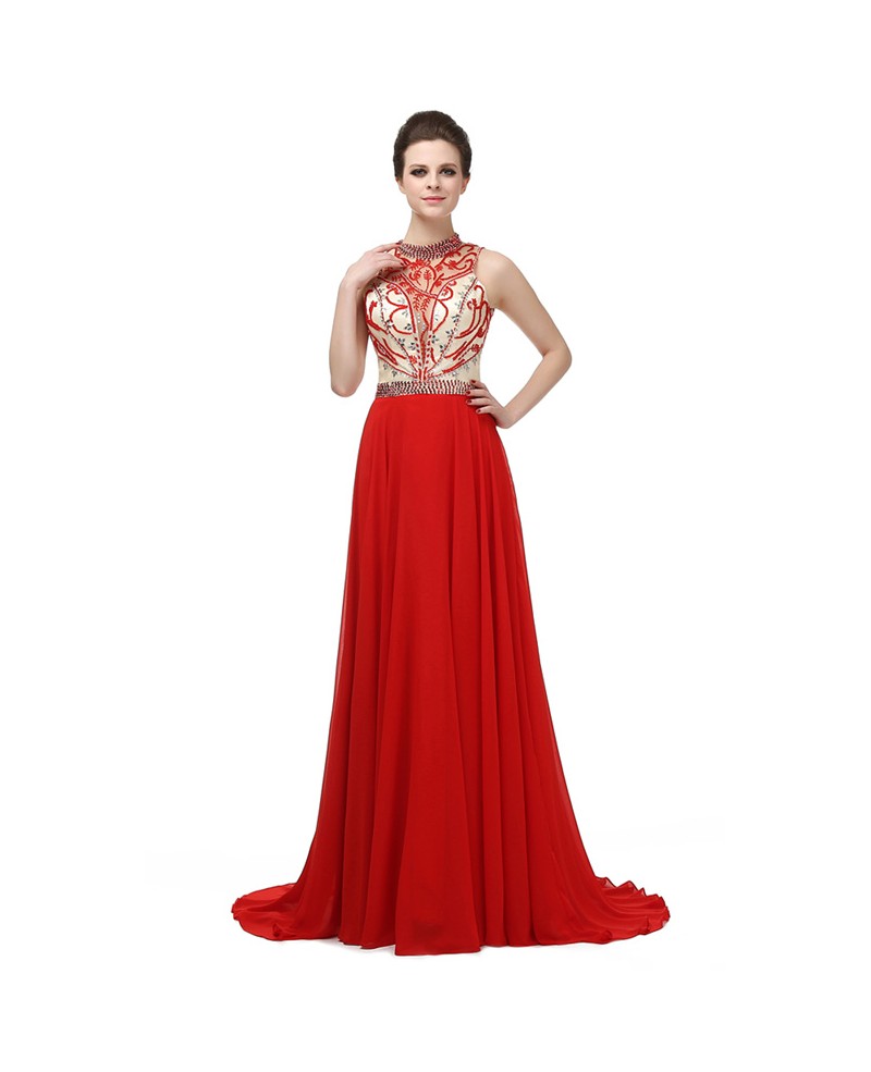 Red A-line Halter Sweep-train Dress With Beading