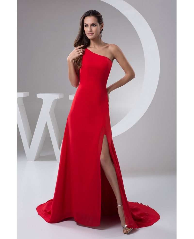 A-line One-shoulder Sweep Train Satin Evening Dress With Split