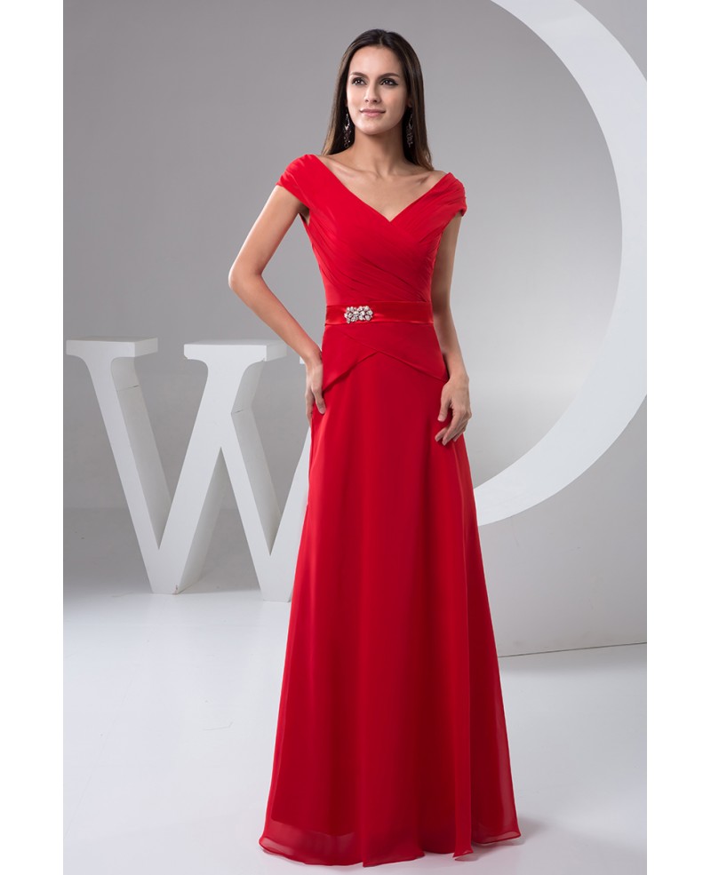 A-line V-neck Floor-length Chiffon Evening Dress With Beading