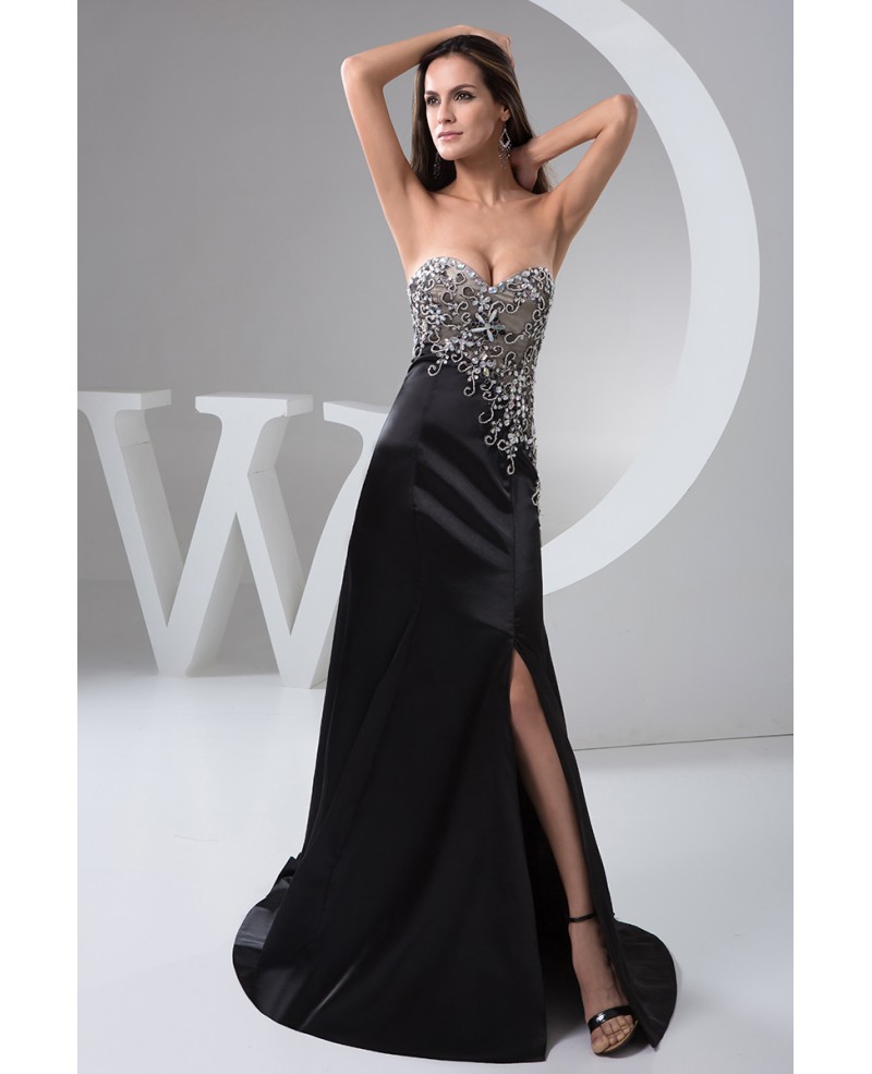 A-line Sweetheart Sweep Train Satin Evening Dress With Split