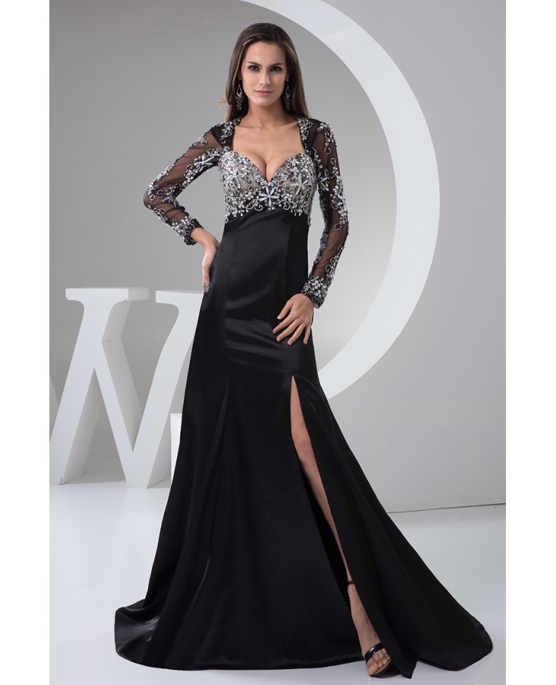 A-line V-neck Sweep Train Satin Evening Dress With Split Beading