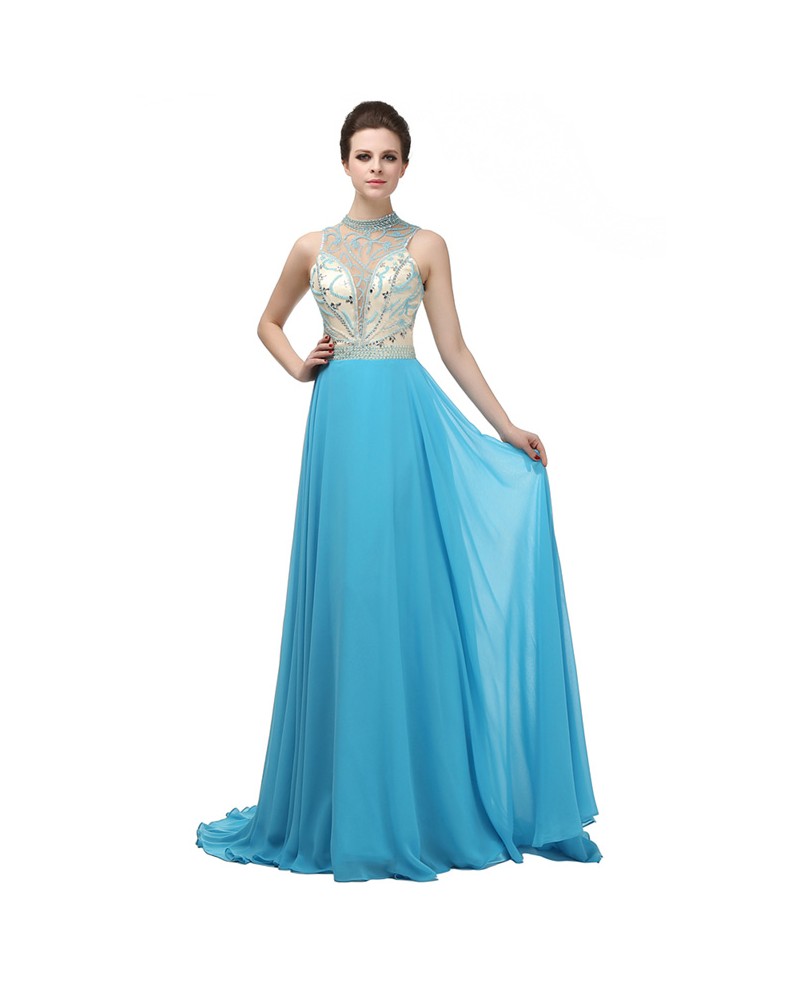 Ocean-blue A-line Halter Sweep-train Dress With Beading