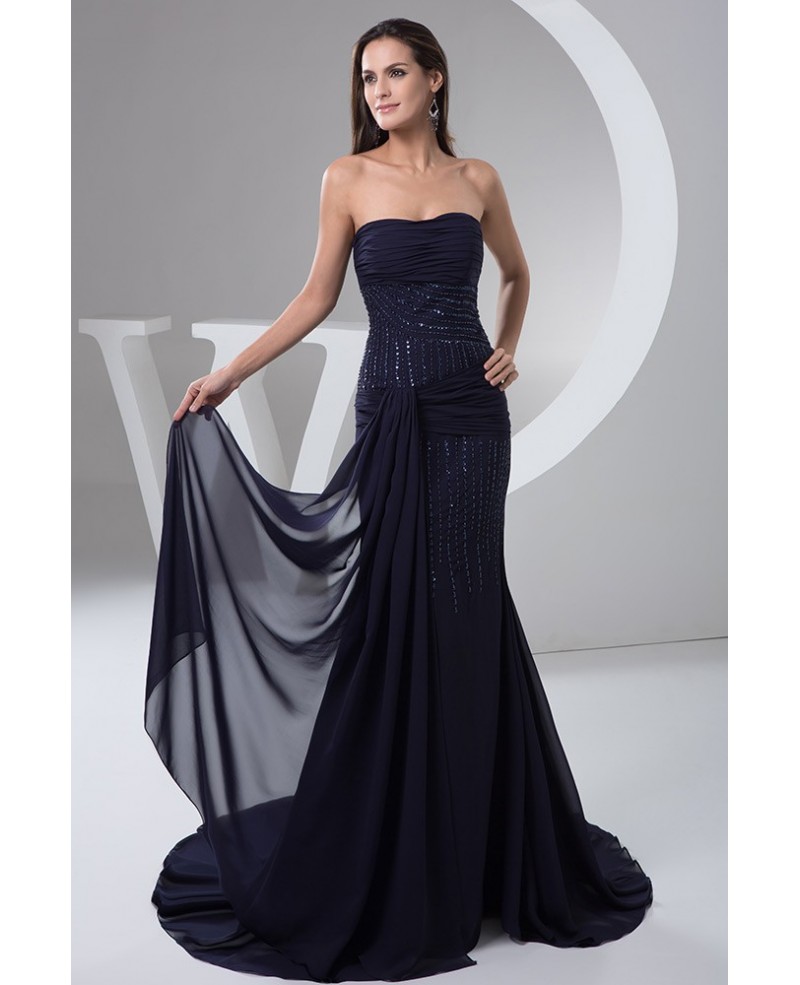 Dark Navy Bling-bling Mermaid Strapless Chiffon Evening Dress with Sweep Train