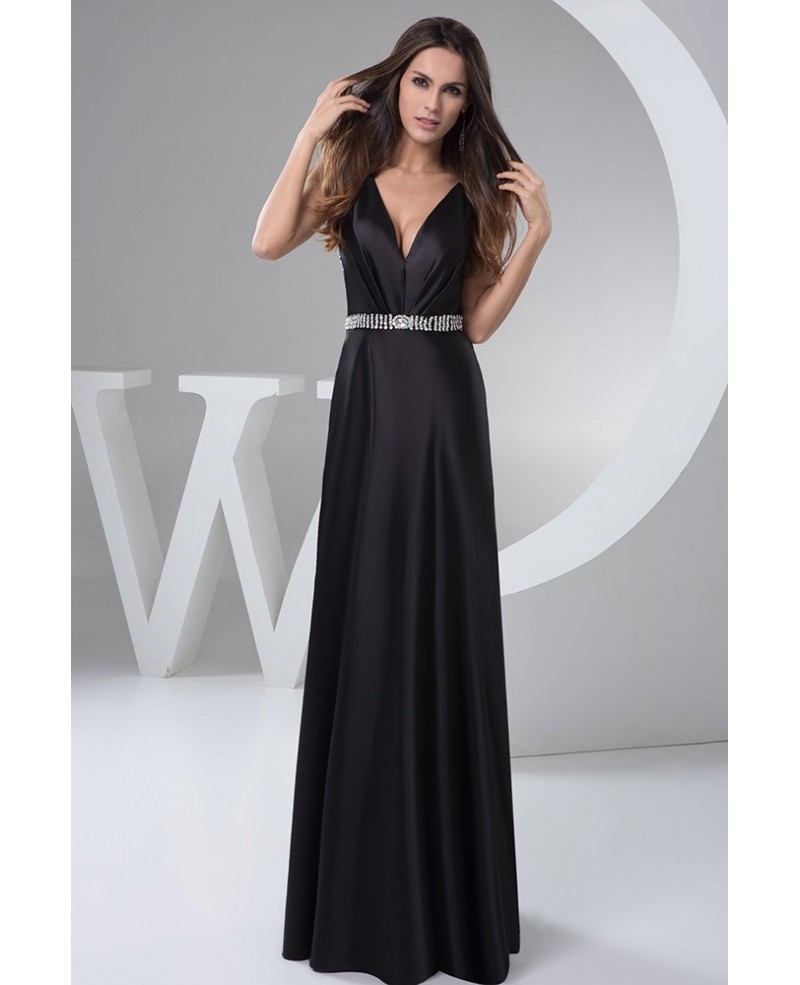 Long Black V-neck Satin Evening Dress With Beading