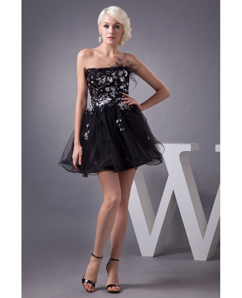 A-line Strapless Short Tulle Prom Dress With Beading - Click Image to Close