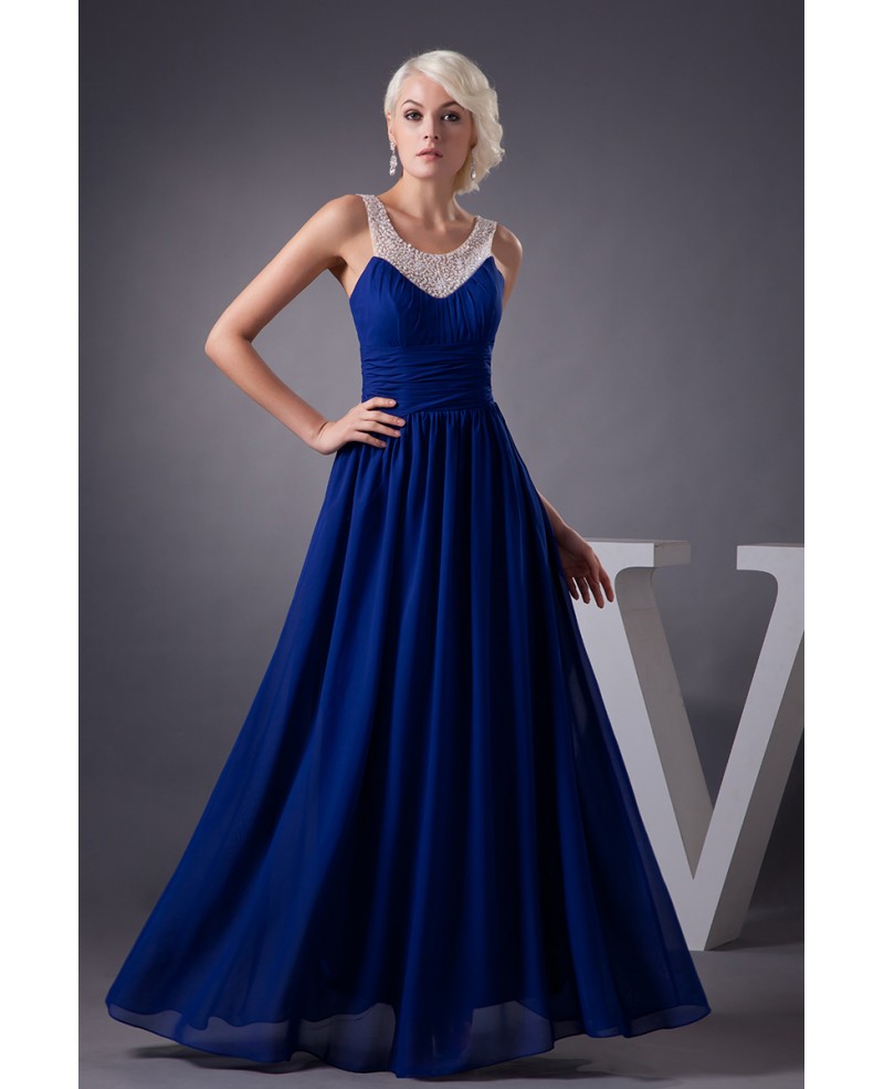 A-line Scoop Neck Floor-length Chiffon Prom Dress With Beading - Click Image to Close