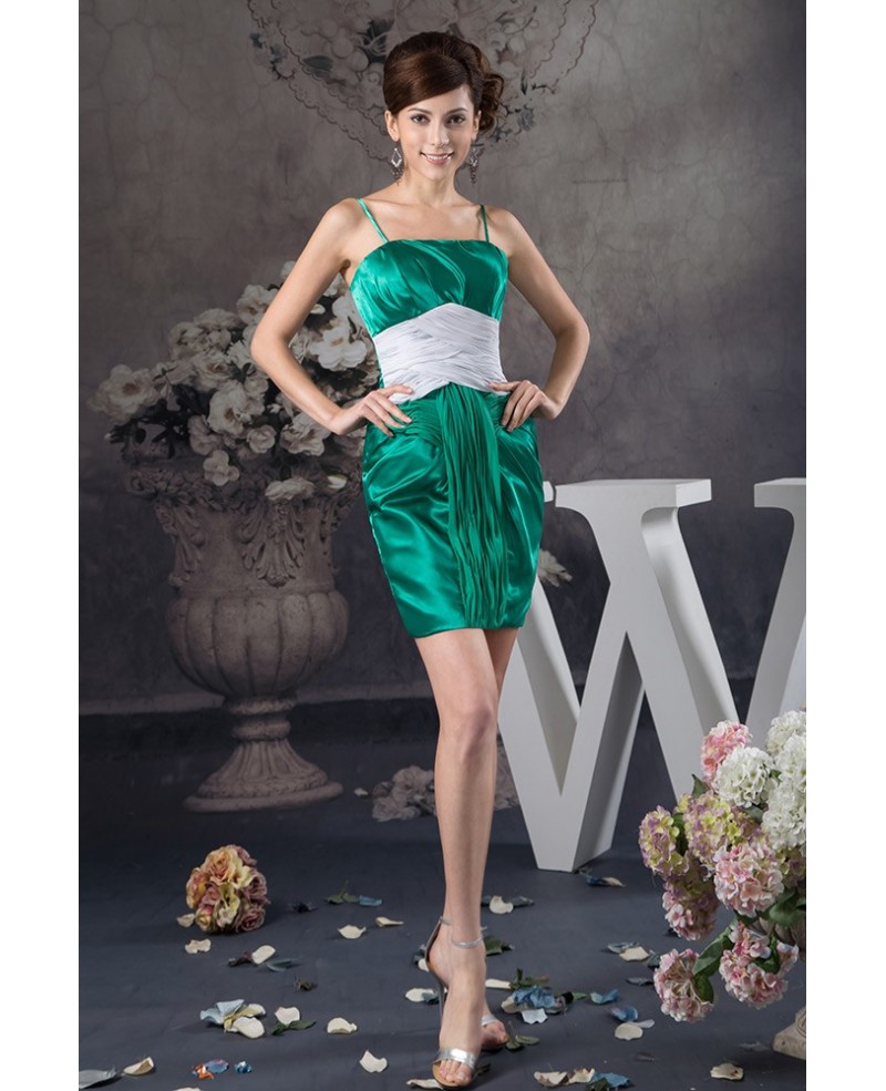 Green and White Short Tight Satin Cocktail Dress with Spaghetti Straps - Click Image to Close