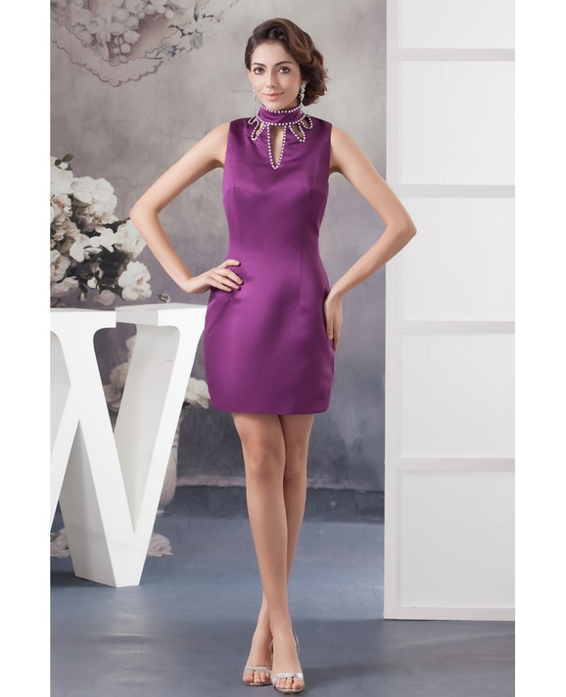 Purple High Neck Satin Sexy Cocktail Evening Dress - Click Image to Close