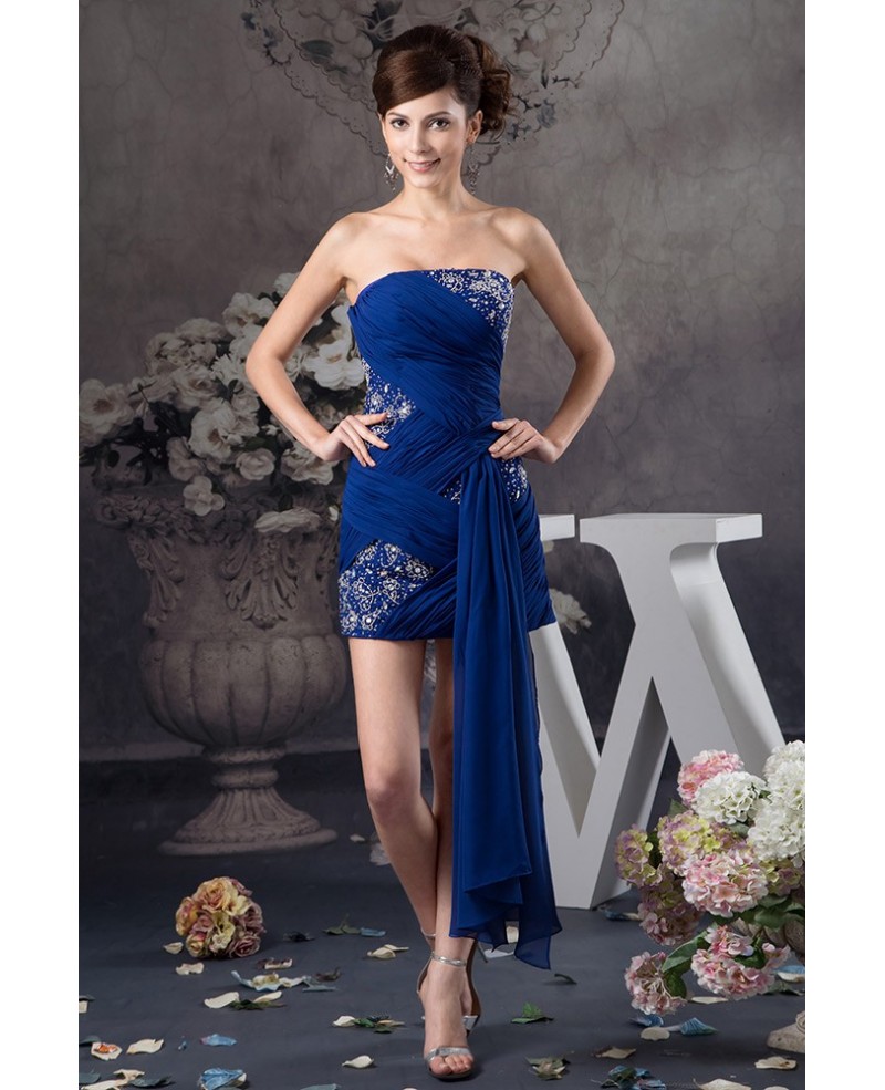 Royal Blue Strapless Short Chiffon Prom Dress With Beading