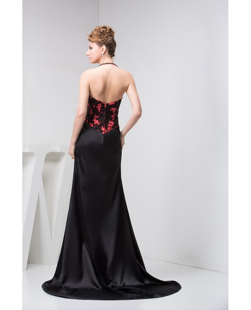 Long Halter Black Beading Lace Satin Evening Dress With Split Front - Click Image to Close
