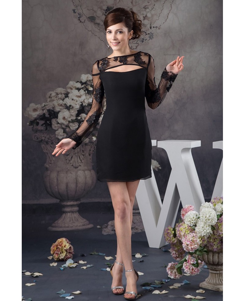 Sexy Black Lace Cocktail Prom Dress with Sheer Sleeves Top - Click Image to Close