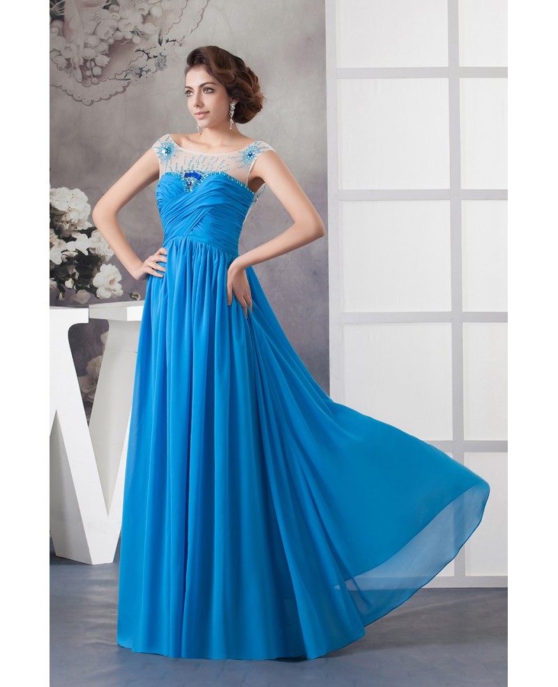 Chiffon Blue Scoop Neck Long Pleated Prom Dress With Sheer Beading Top