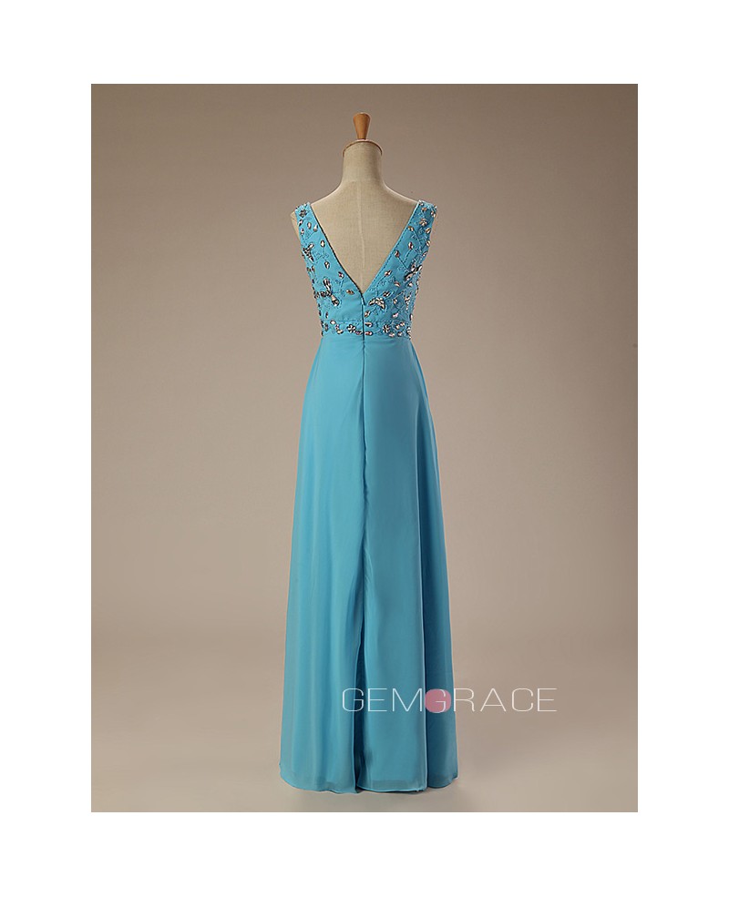 A-Line V-neck Floor-Length Chiffon Prom Dress With Beading