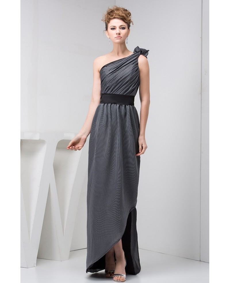 Grey and Black One-shoulder Long Pleated Formal Dress for Evening