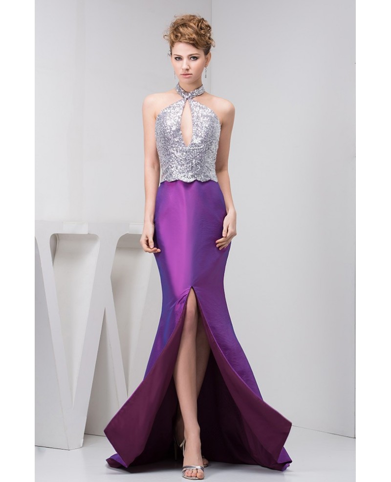 Purple and Silver Slit Halter Taffeta Evening Prom Dress With Sequin Bodice