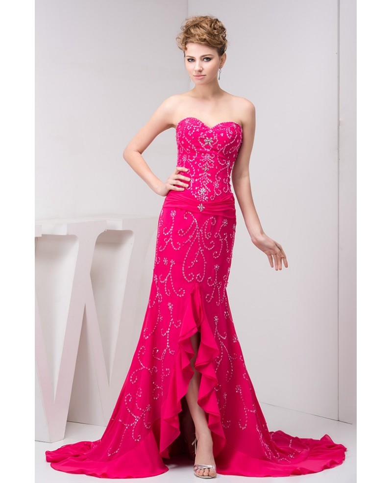 Mermaid Style Fuchsia Chiffon Beaded Prom Dress With Sweetheart Neck