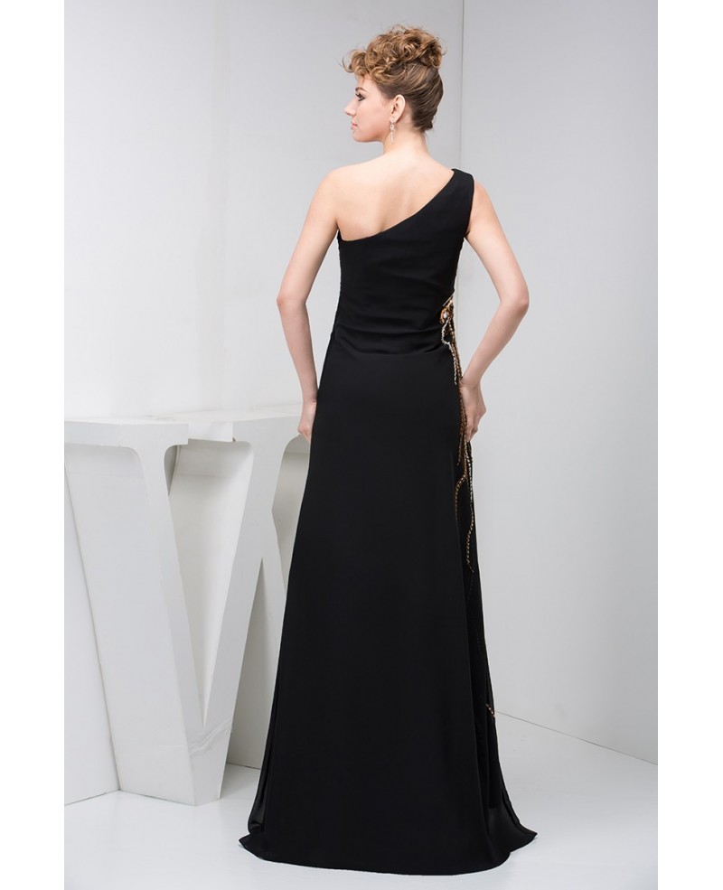 One-shoulder Black Long Beaded Evening Dress