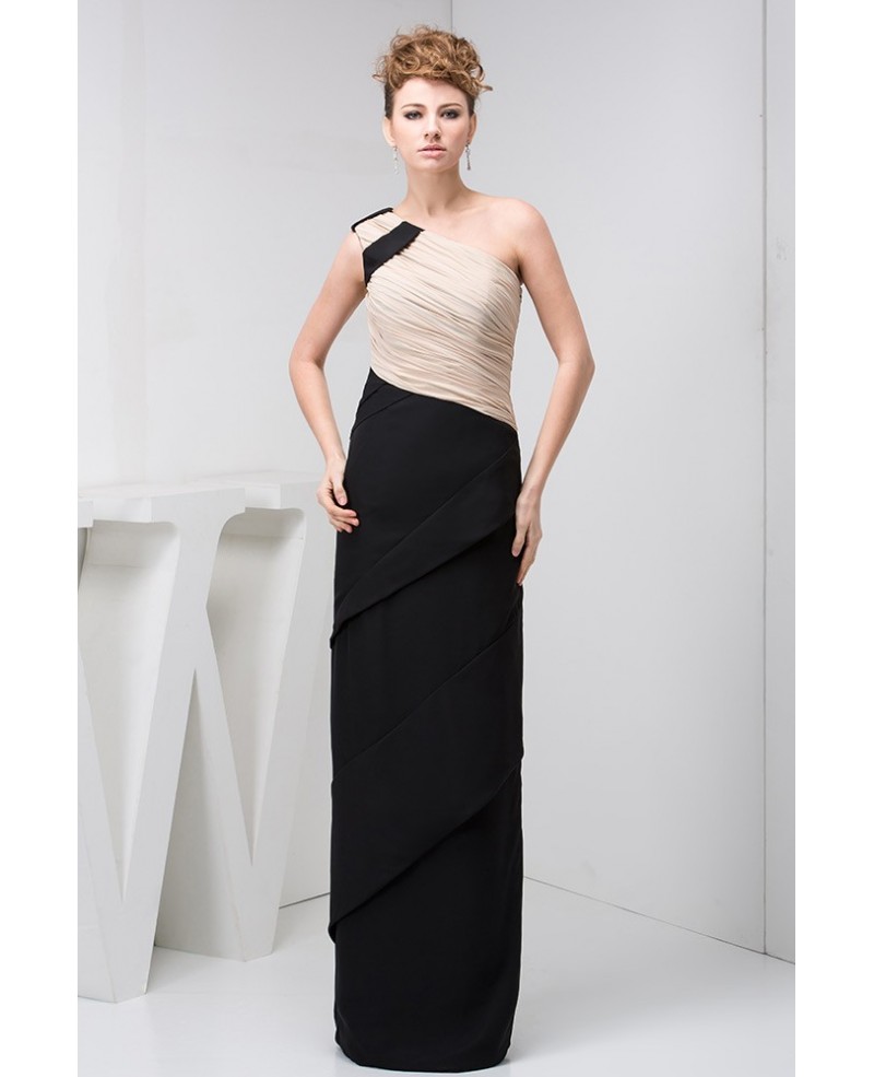 Black Champagne Pleated Sheath Long Evening Dress in One Shoulder - Click Image to Close