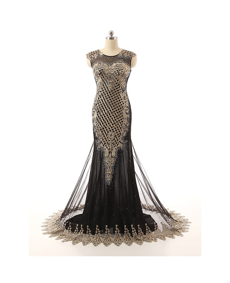 Sheath Scoop Neck Chapel Train Chiffon Evening Dress With Beading Appliques Lace