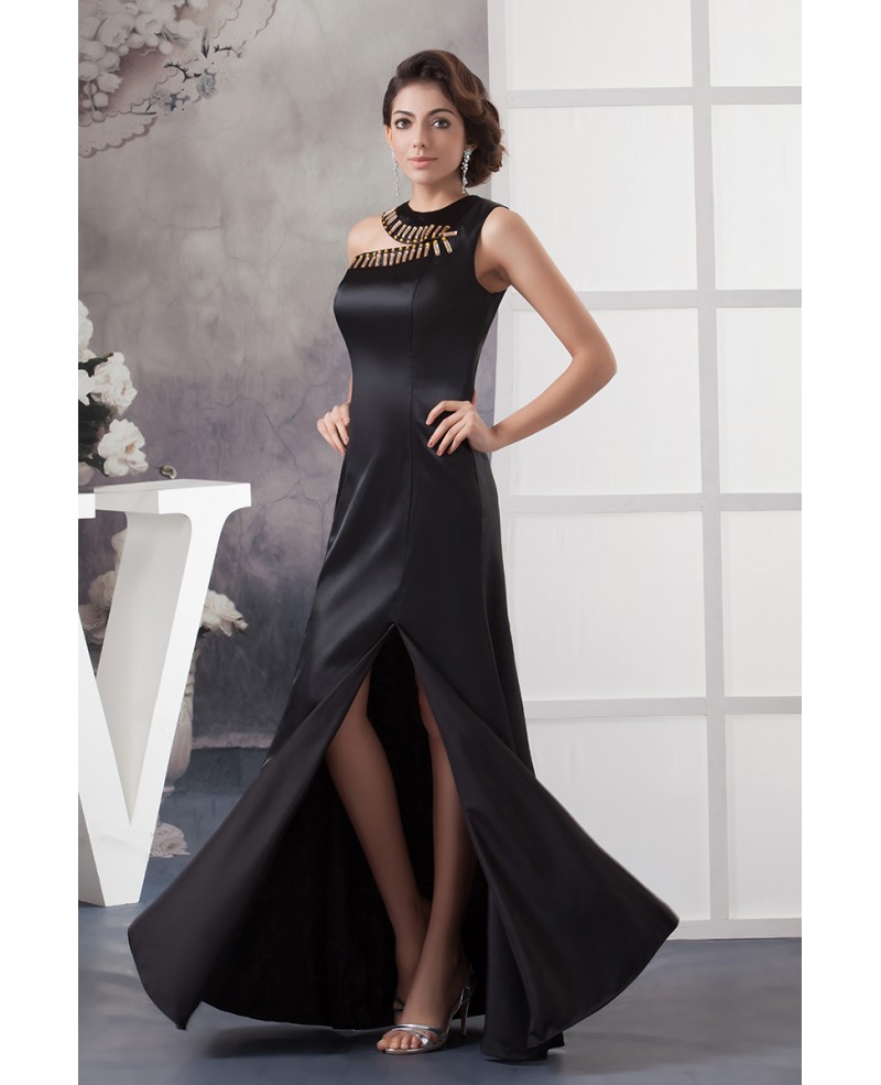 A-line One-shoulder Floor-length Satin Evening Dress With Beading - Click Image to Close