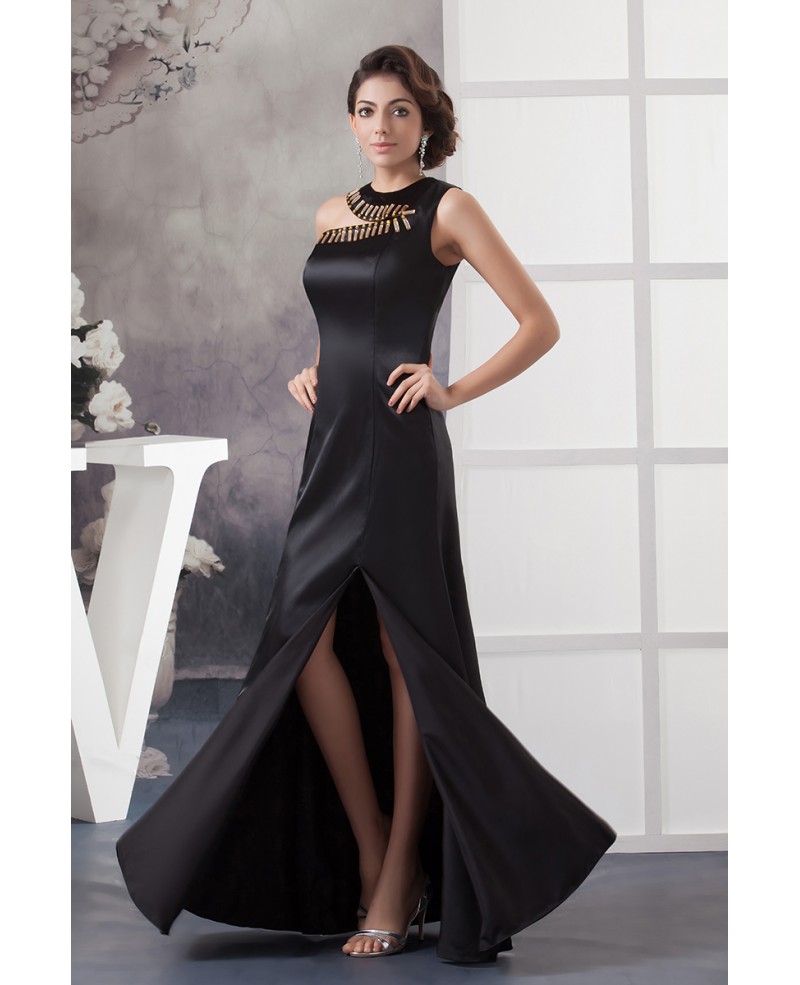 A-line One-shoulder Floor-length Satin Evening Dress With Beading