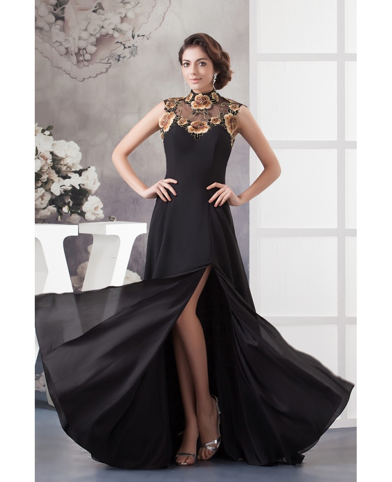 A-line High Neck Floor-length Chiffon Evening Dress - Click Image to Close