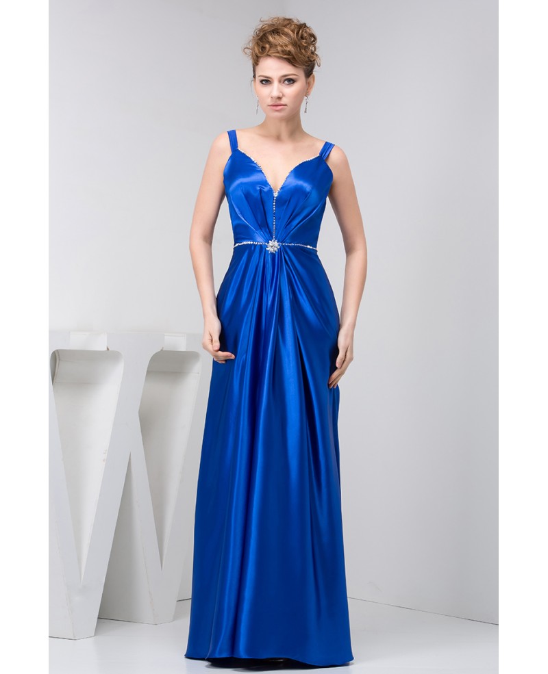 A-line V-neck Floor-length Satin Evening Dress With Beading