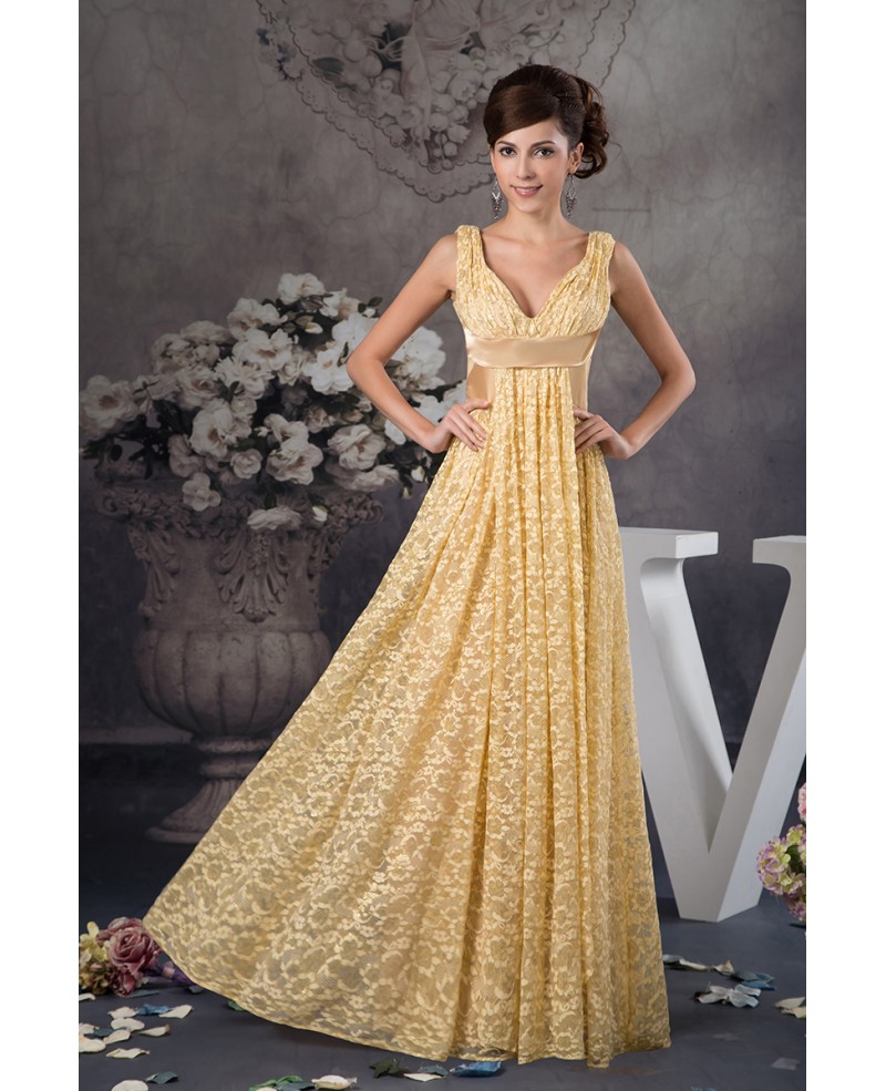 A-line V-neck Floor-length Lace Evening Dress