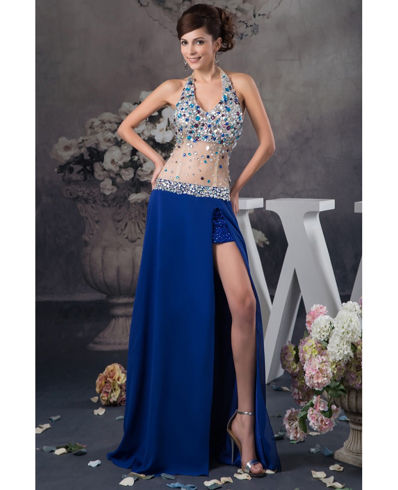 Sheath Halter Floor-length Chiffon Prom Dress With Beading