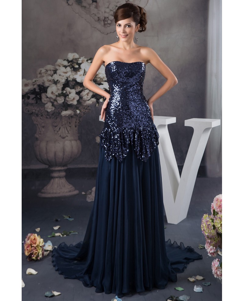 Sheath Strapless Sweep Train Chiffon Sequined Evening Dress