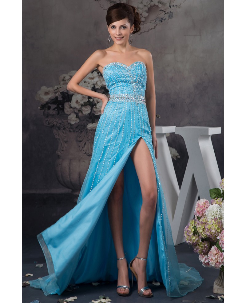 A-line Sweetheart Sweep Train Tulle Prom Dress With Beading