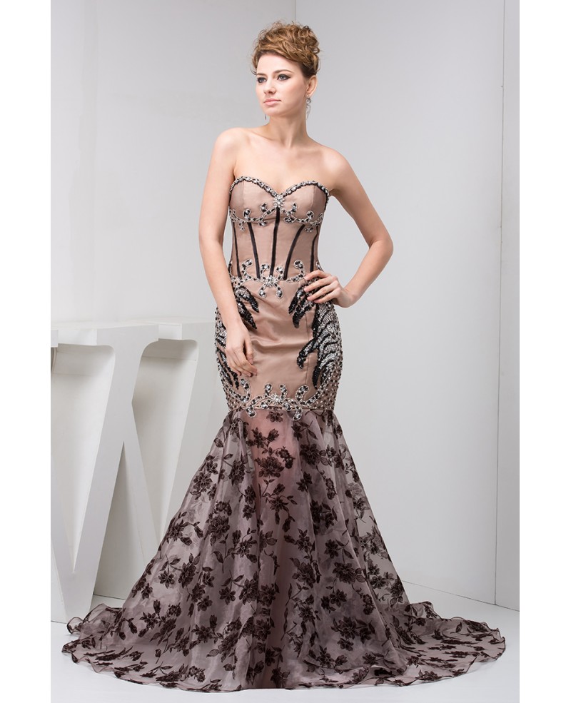 Mermaid Sweetheart Sweep Train Lace Satin Evening Dress With Beading