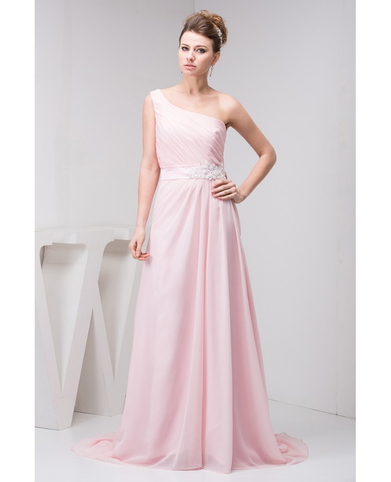 A-line One-shoulder Sweep Train Chiffon Prom Dress With Beading