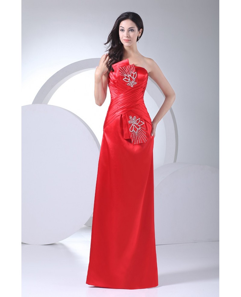 Red Strapless Floor Length Beaded Satin Party Dress - Click Image to Close