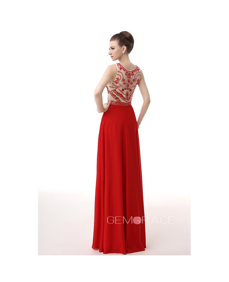 A-Line Scoop Neck Floor-Length Chiffon Prom Dress With Beading - Click Image to Close